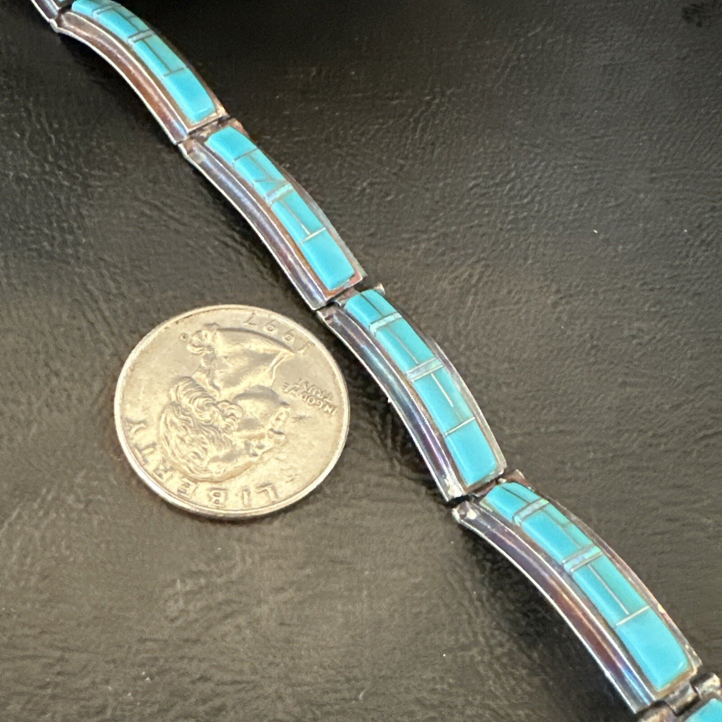 Opal Blue Turquoise Navajo Old Pawn Sterling Silver Inlay Bracelet 7.5" 18126