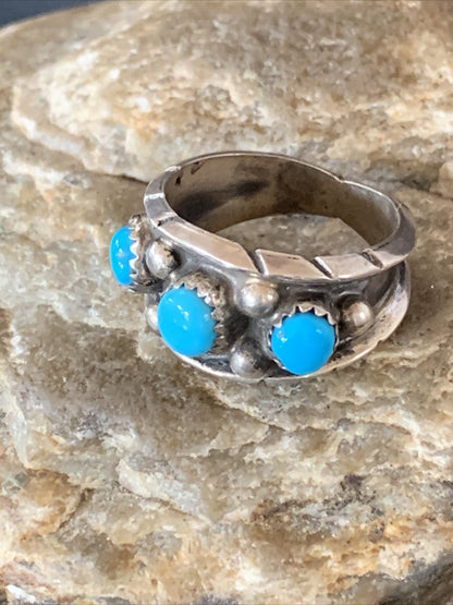 Blue Turquoise 3 stone Navajo Sterling Silver Old Pawn Ring Size 8 10788