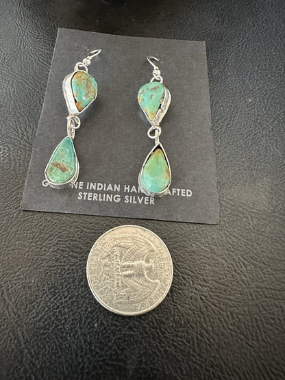 Green Royston Turquoise Navajo Sterling Silver Dangle Earrings 19369
