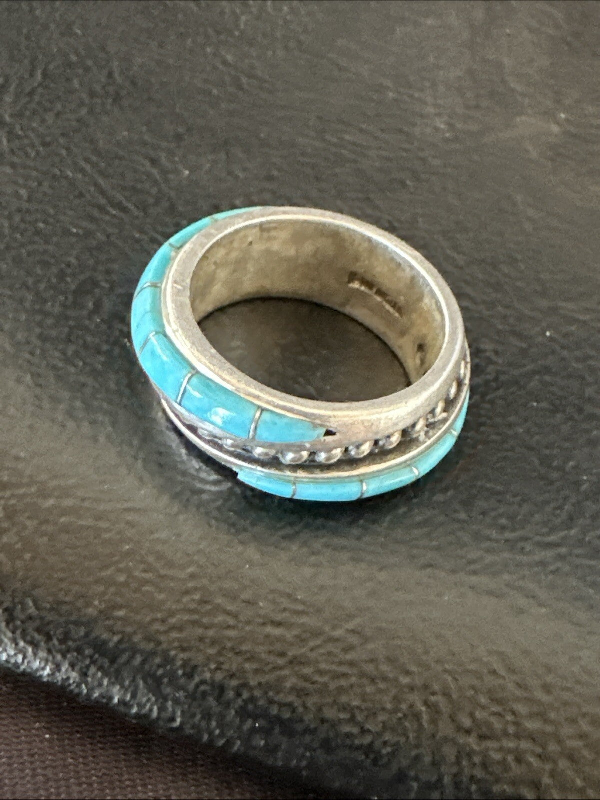Blue Turquoise Navajo Sterling Silver Inlay Band Ring Size 7 18812