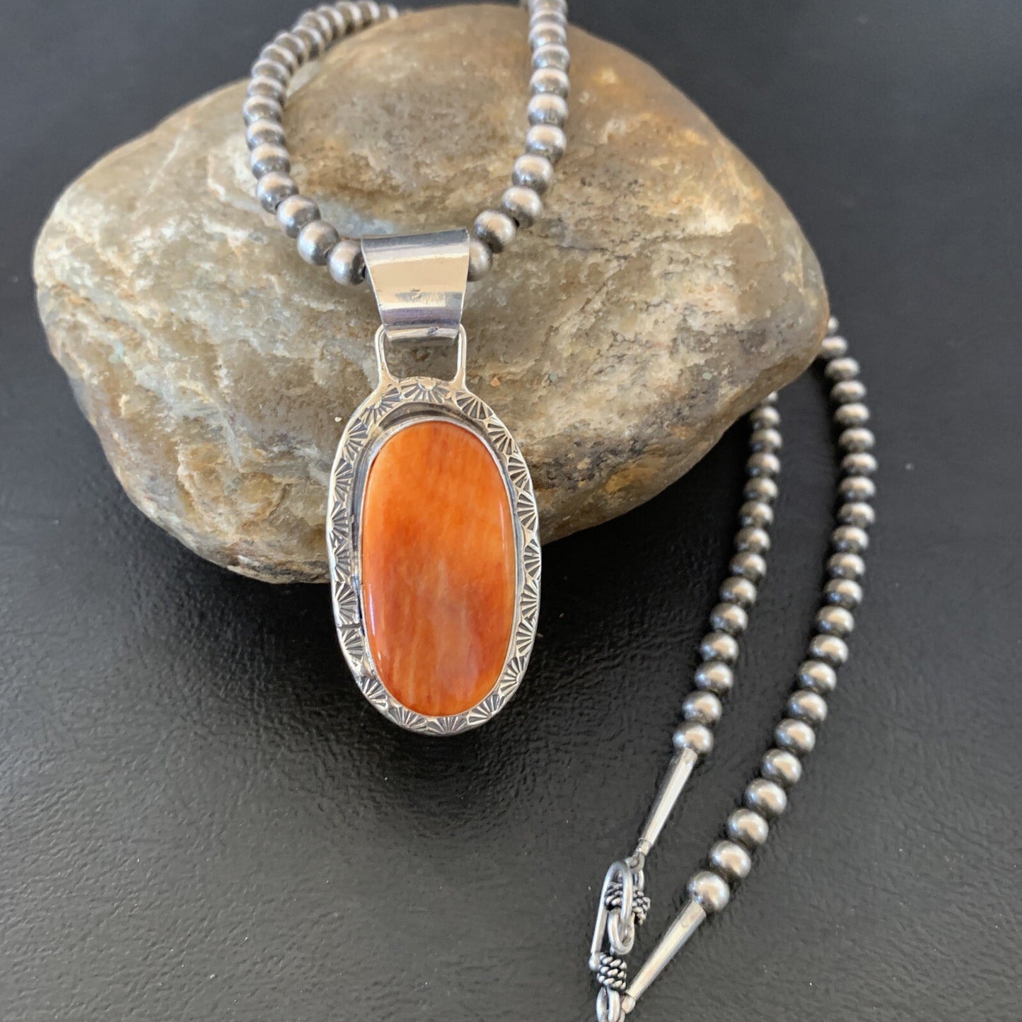 Navajo Sterling Silver Spiny Orange Oyster Necklace Pendant Set2” 14737