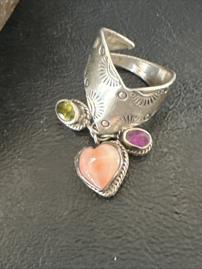 Heart Pink Conch Cluster Spiny Stamped Ring Adjustable Navajo Sz 7.5 19202