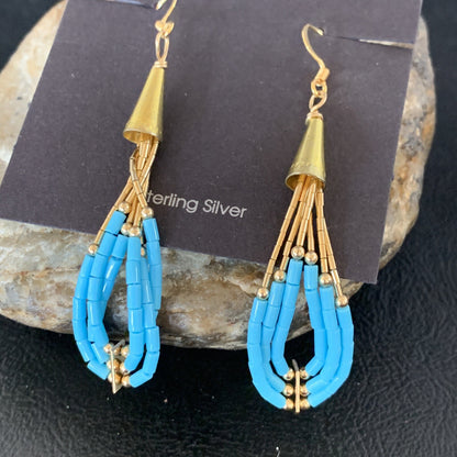 Blue Turquoise Liquid Gold Filled Tubes Dangle Heishi Earrings 2" 13030