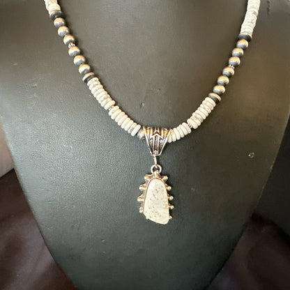 White Buffalo Turquoise Pendant Navajo Pearls Sterling Silver Necklace 22" 18259