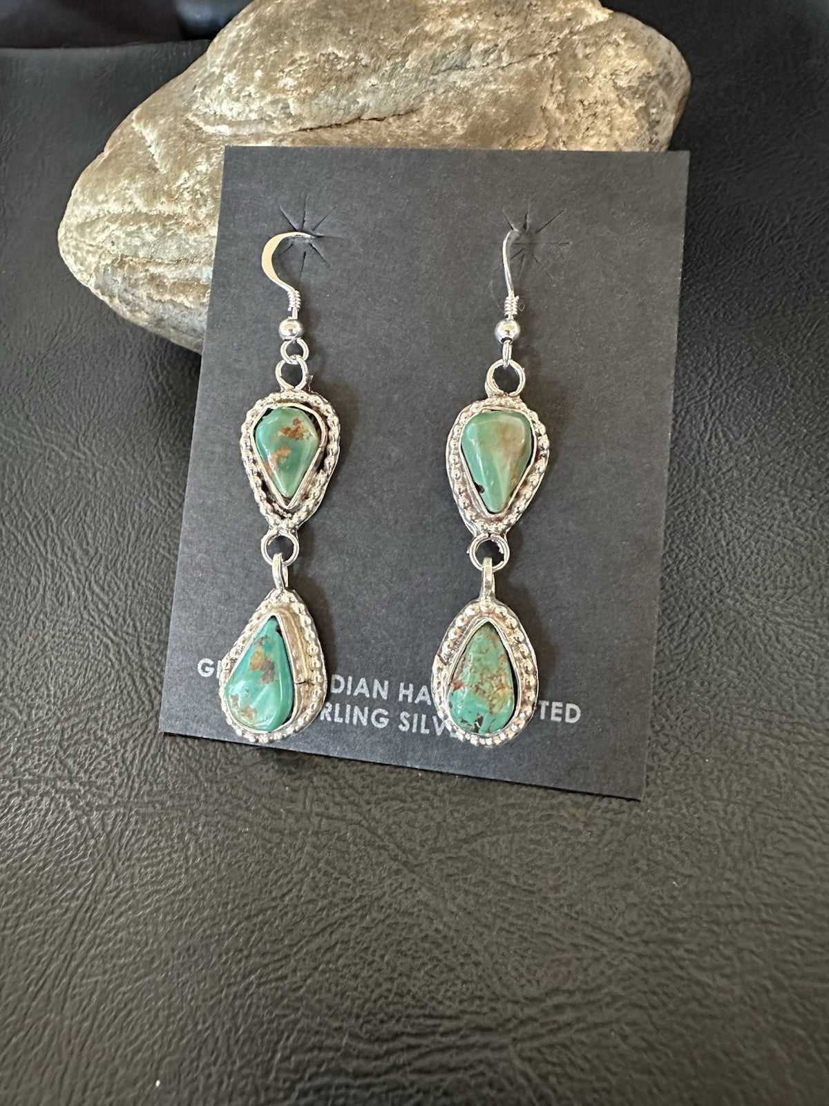 Green Royston Turquoise Navajo Sterling Silver Dangle Earrings 19371