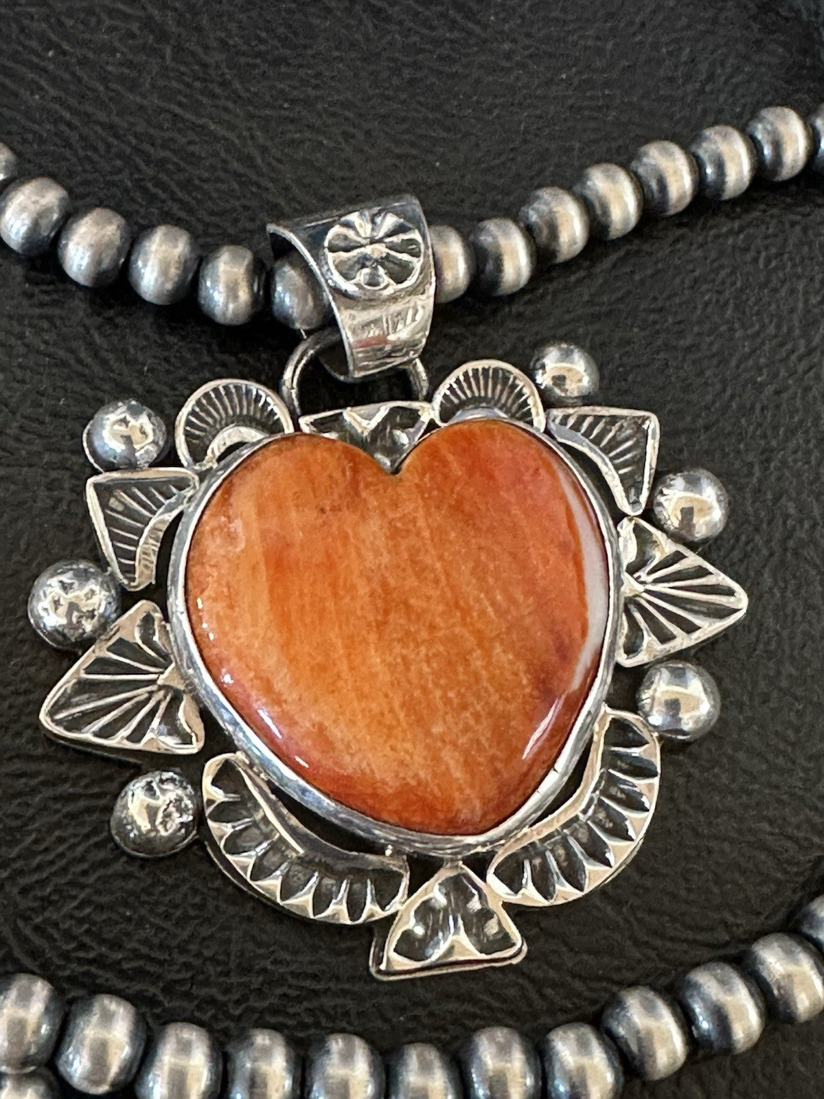 H Joe Orange Spiny Oyster Heart Pendant Navajo Sterling Silver Necklace 19485