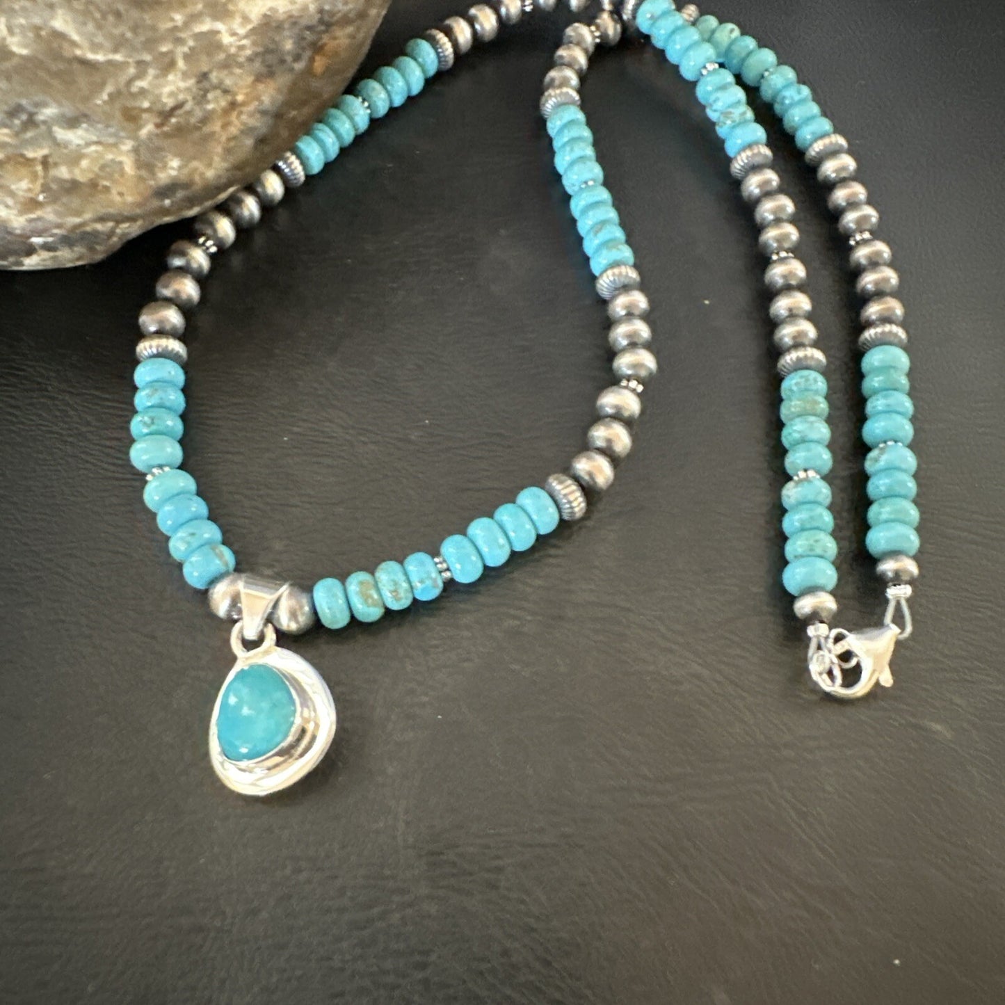 Mens Blue Kingman Turquoise Pendant Navajo Sterling Silver Necklace 21" 17904