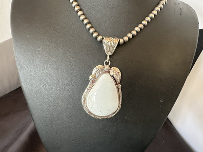 Mens White Buffalo Turquoise Pendant Sterling Silver Beads Necklace 18310