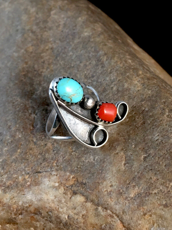Men's Turquoise Coral Navajo Ring Size 6.5 | Sterling Silver | Authentic Native American Handmade | 08714