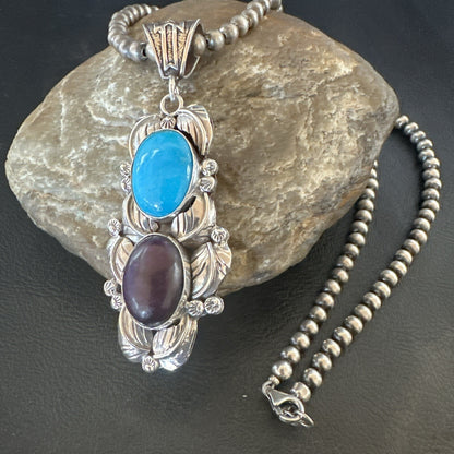 Blue Kingman Turquoise  Purple Stone Pendant Navajo Sterling Silver 18039