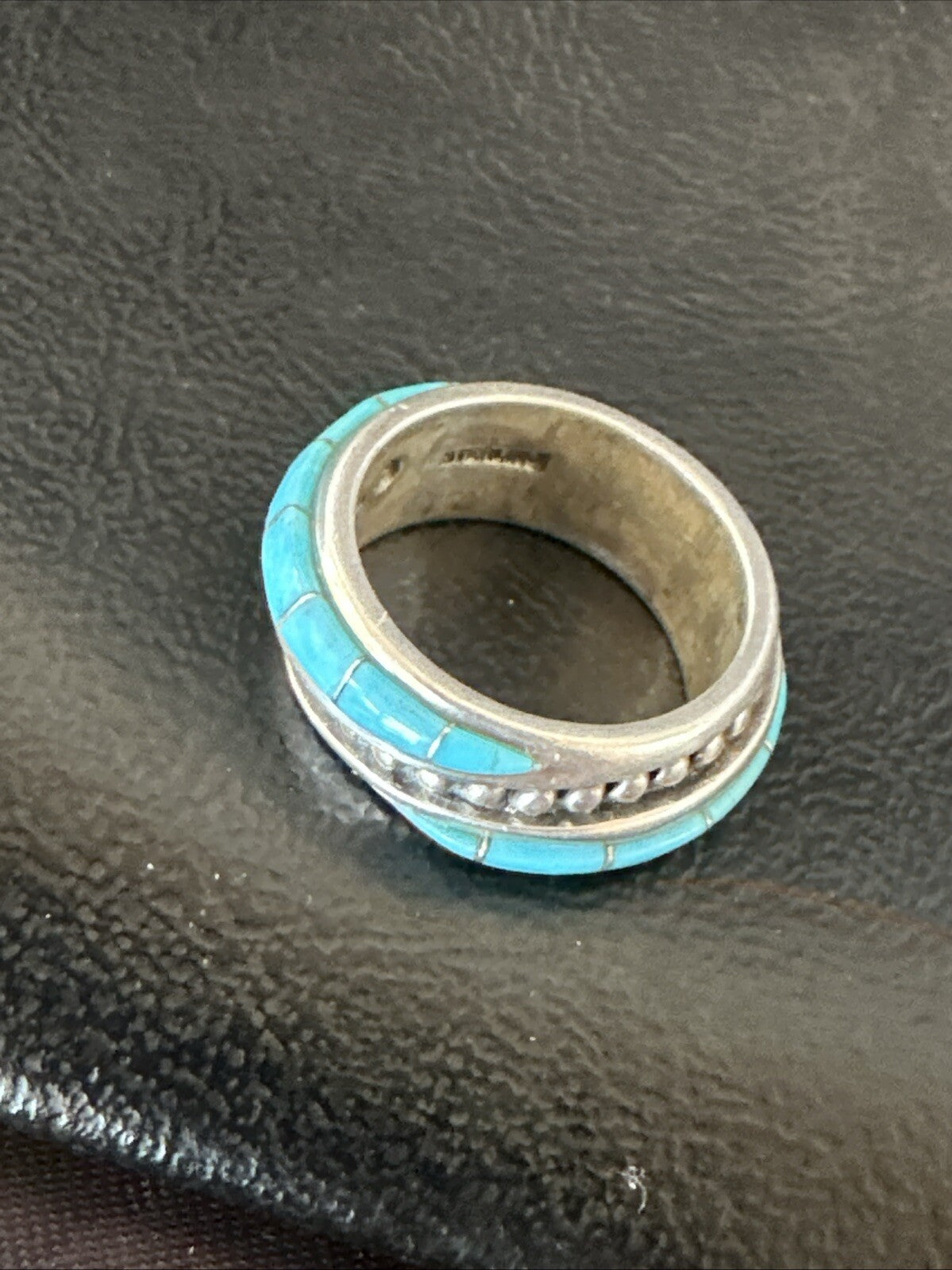 Blue Turquoise Navajo Sterling Silver Inlay Band Ring Size 7 18813
