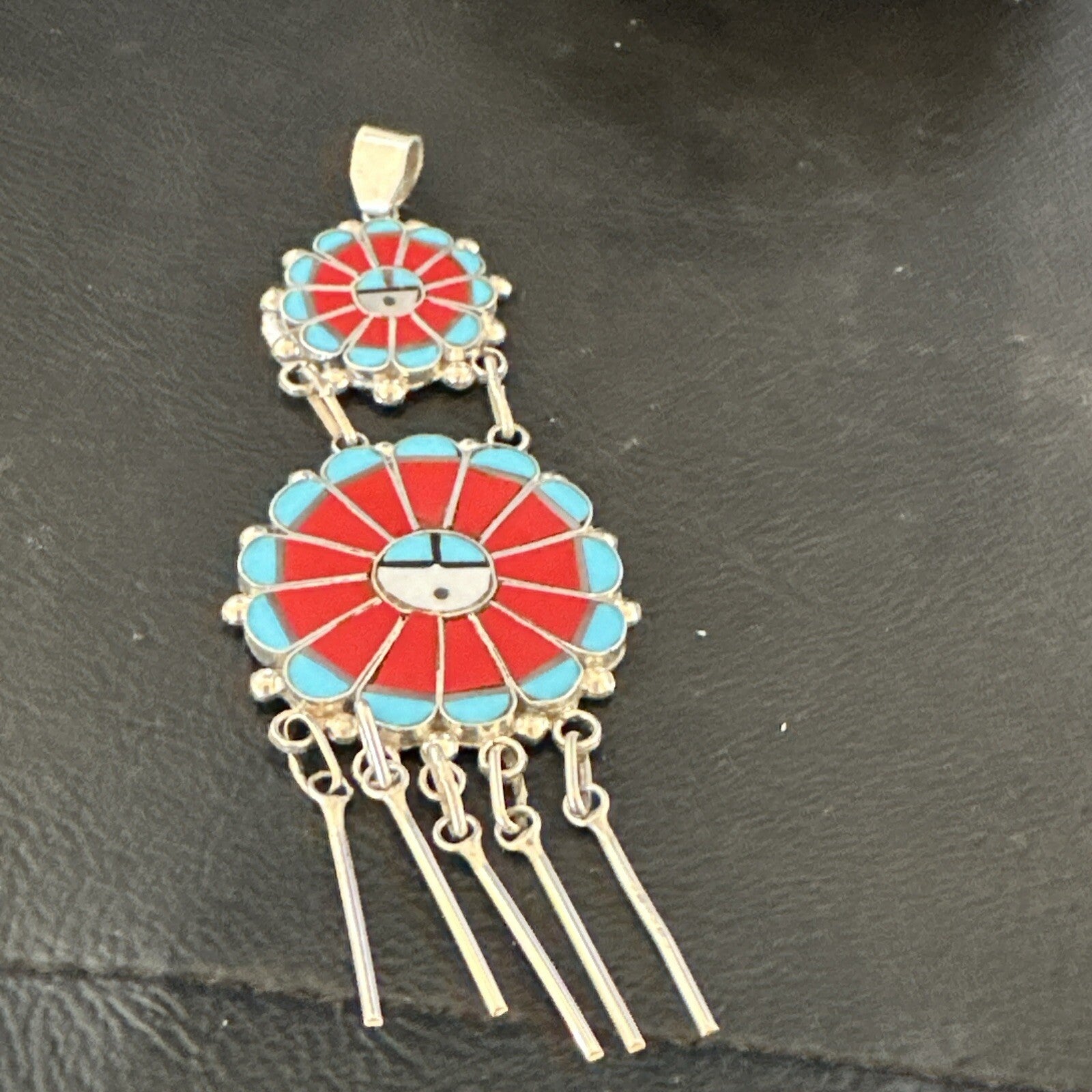 Sunface Zuni Inlay Turquoise Coral MOP Sterling Silver Pendant 3.5" 17771