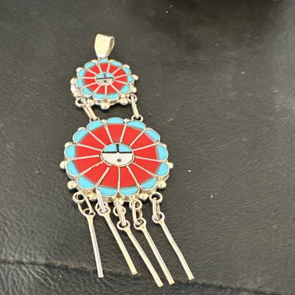 Sunface Zuni Inlay Turquoise Coral MOP Sterling Silver Pendant 3.5" 17771