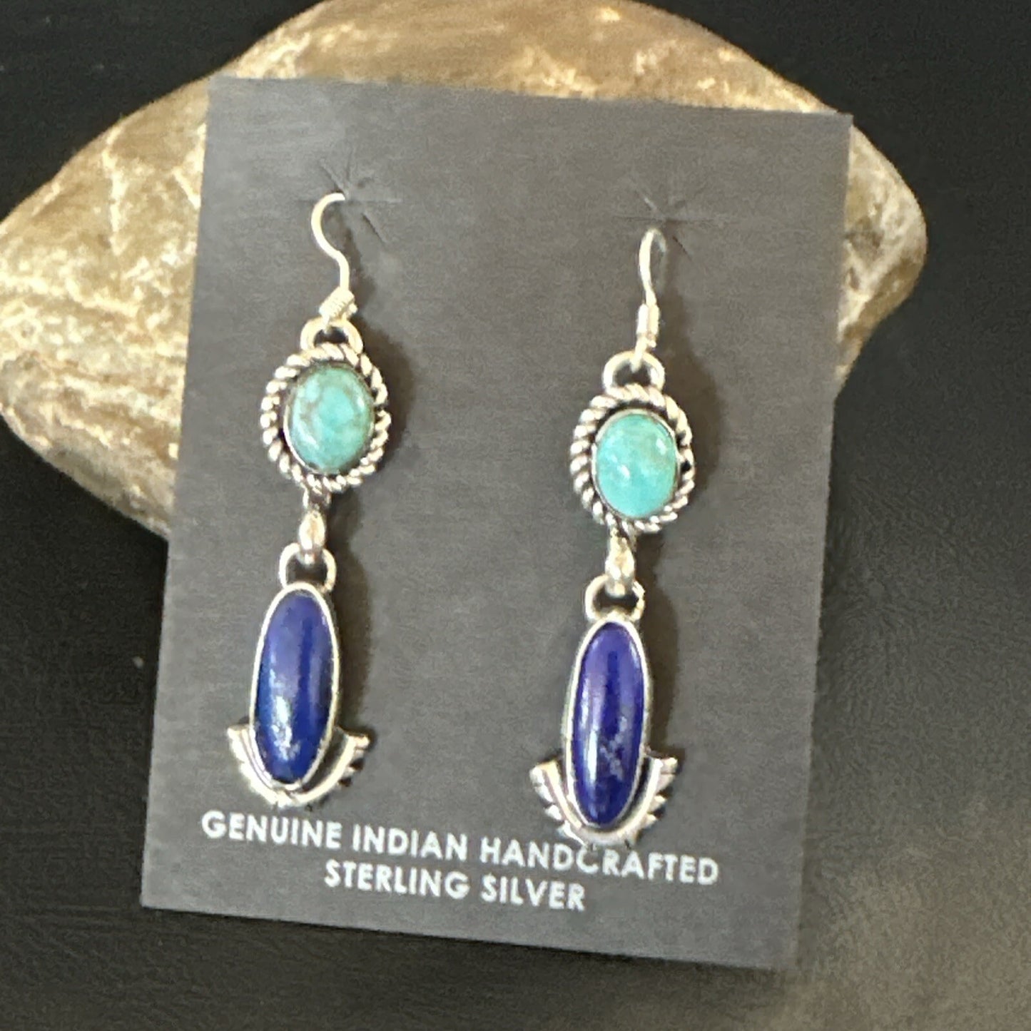 Navajo Turquoise Blue Lapis Sterling Silver Dangle Earrings 18186