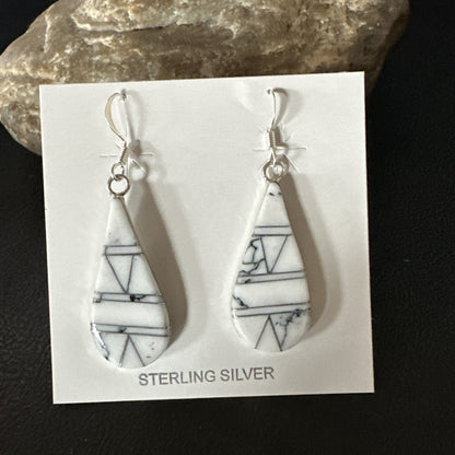 White Howlite Dangle Inlay Navajo Sterling Silver Earrings 19264