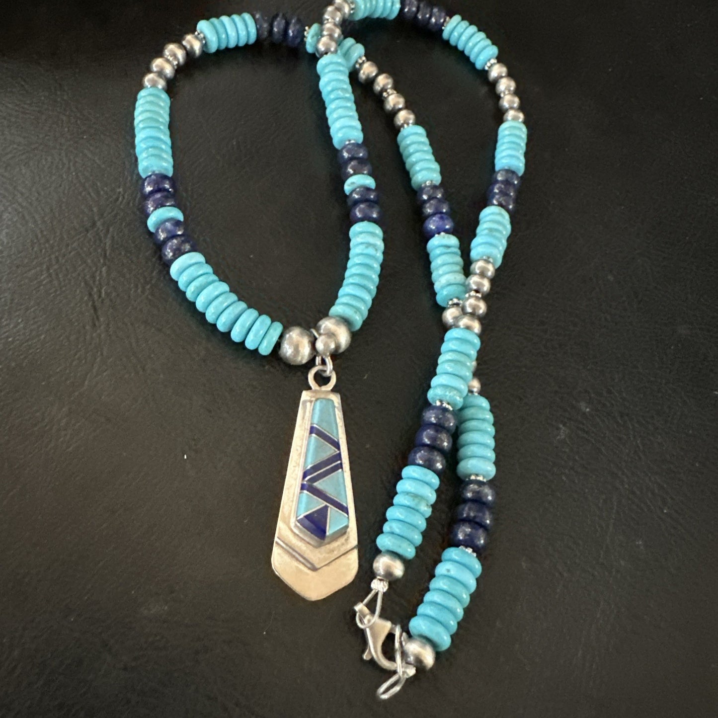 Blue Lapis Turquoise Inlay Pendant Navajo Sterling Silver Necklace 20" 19657