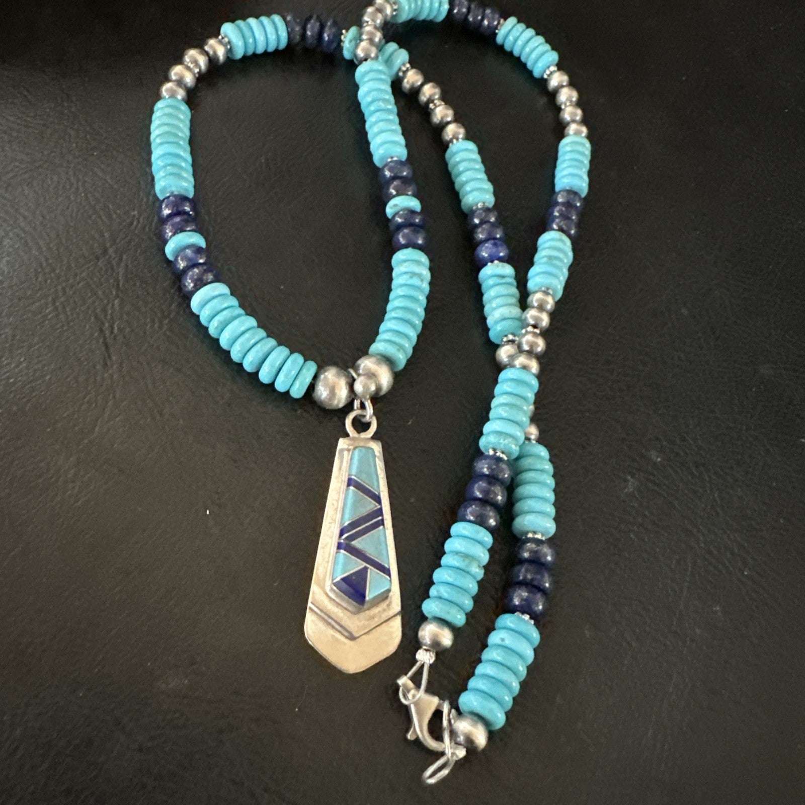 Blue Lapis Turquoise Inlay Pendant Navajo Sterling Silver Necklace 20" 19657