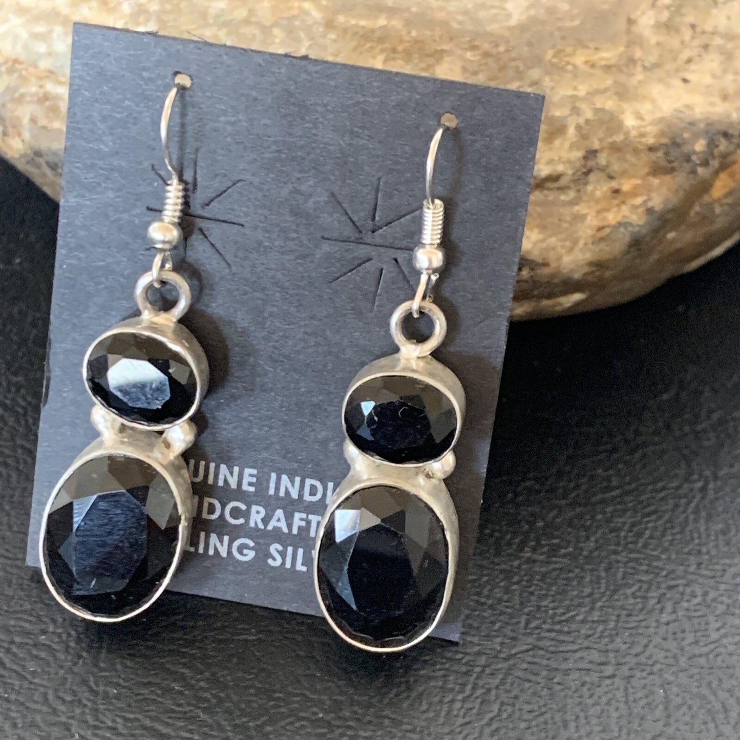 Native Black Smokey Quartz Navajo Sterling Silver Dangle Drop Earrings 12686