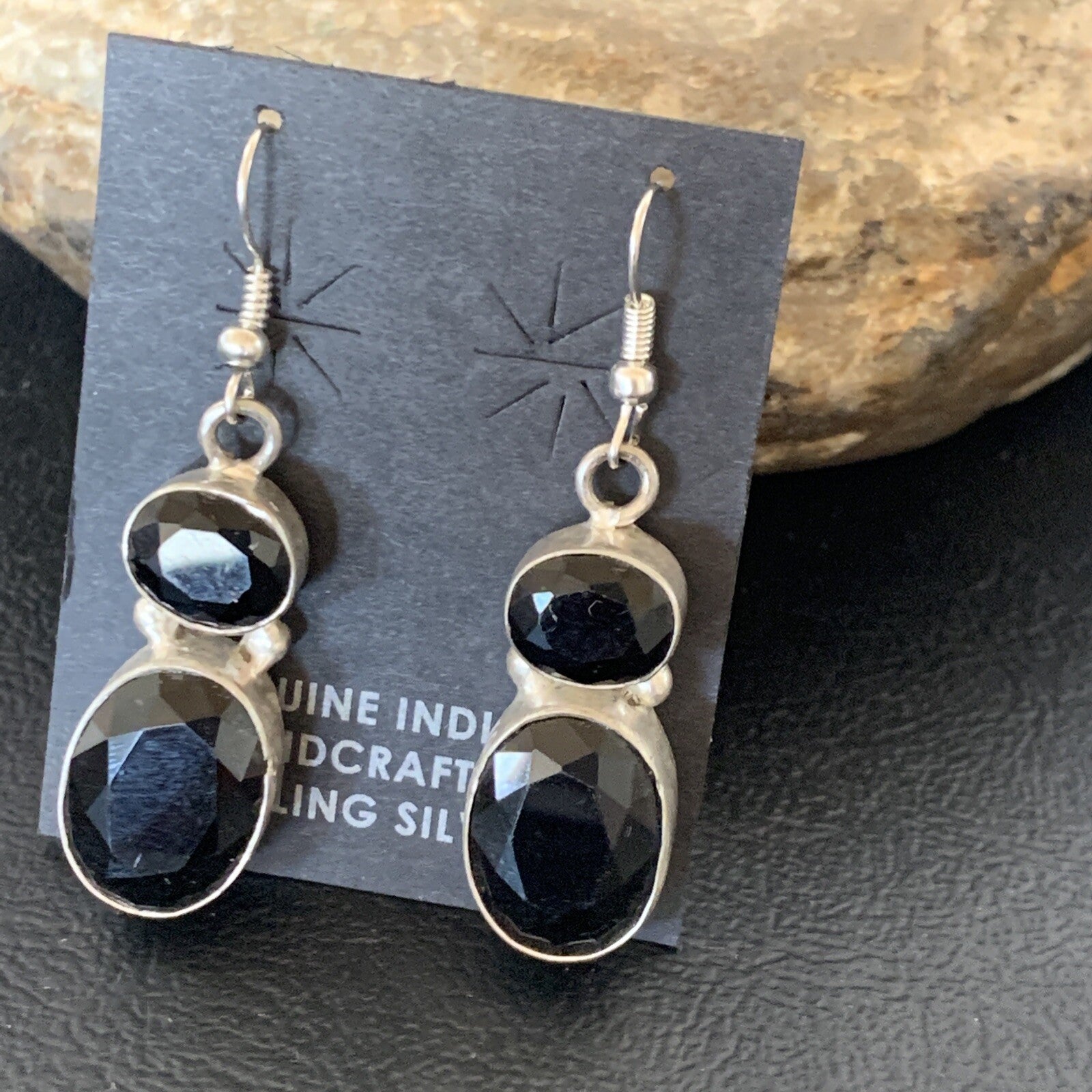 Native Black Smokey Quartz Navajo Sterling Silver Dangle Drop Earrings 12686