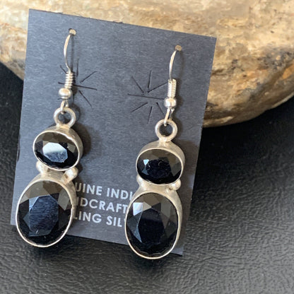 Native Black Smokey Quartz Navajo Sterling Silver Dangle Drop Earrings 12686