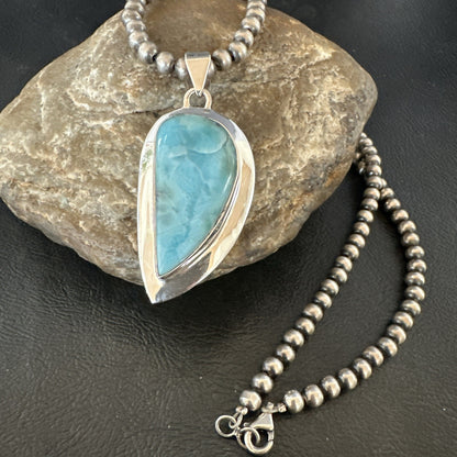 Womens Blue Larimar Pendant Navajo Sterling Silver Beads Necklace 17716