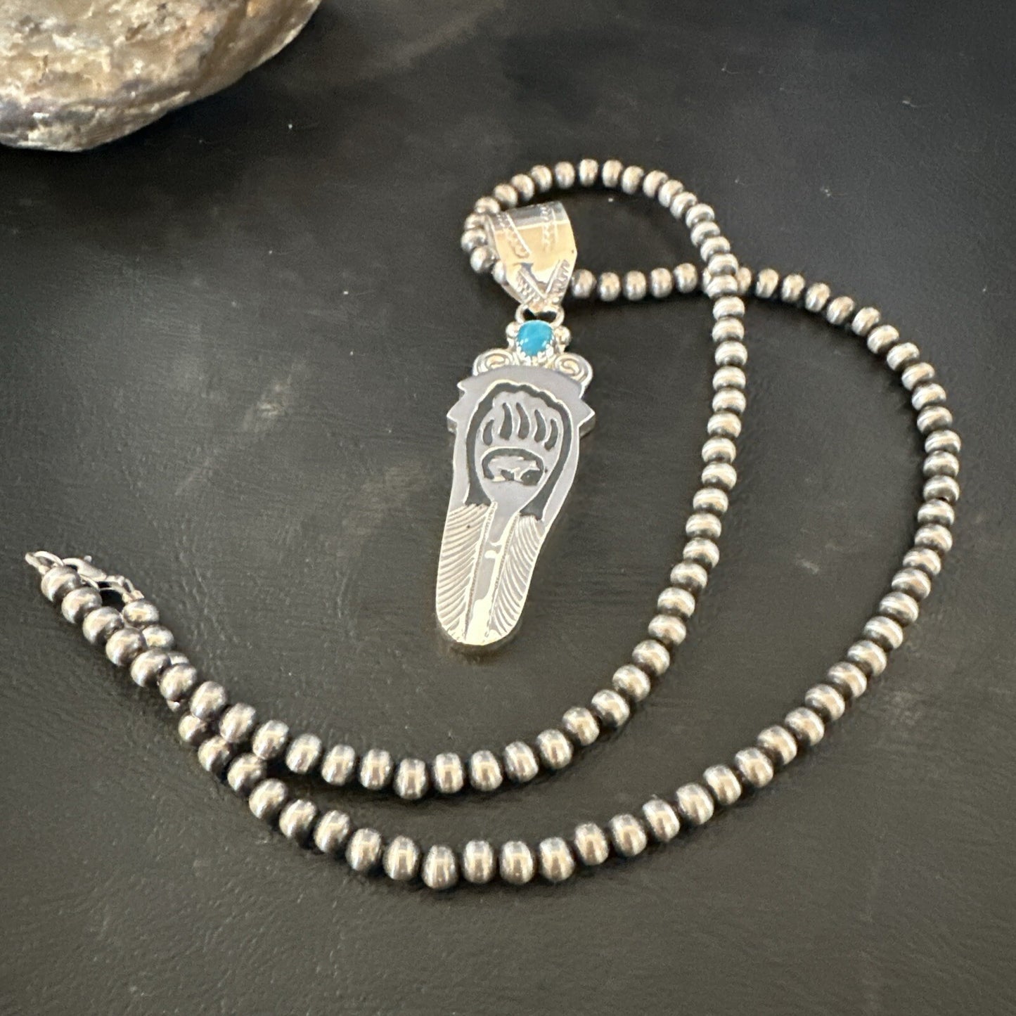 Feather BearPaw Navajo Sterling Silver Blue Turquoise Necklace Pendant 17813