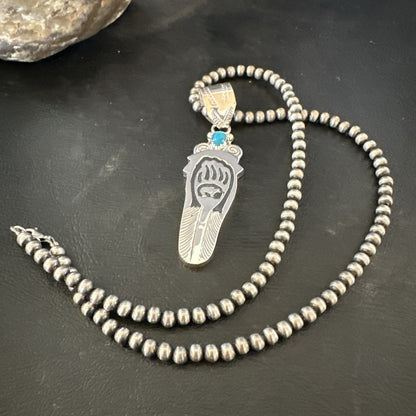 Feather BearPaw Navajo Sterling Silver Blue Turquoise Necklace Pendant 17813