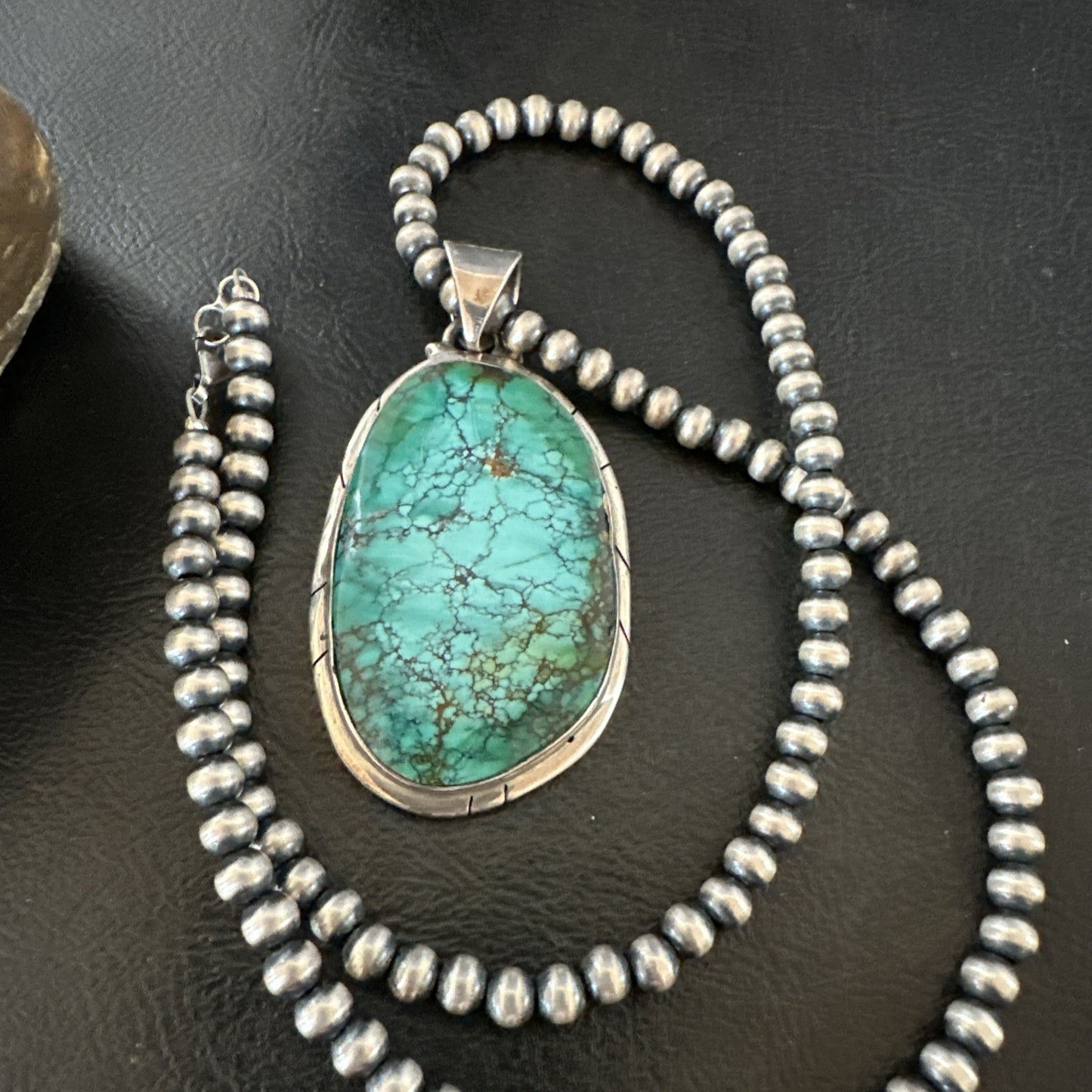 Blue  Green Spiderweb Turquoise Pendant  Sterling Silver Beads Necklace 19494