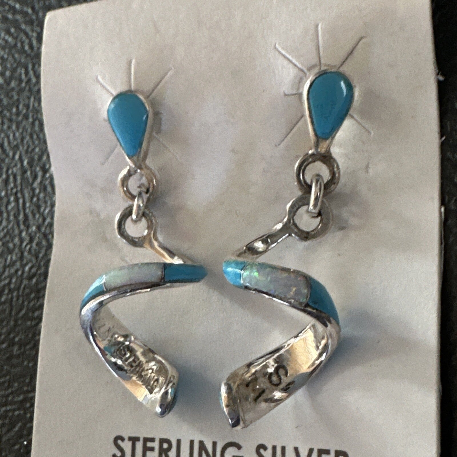 Blue Turquoise Opal Inlay Swirl Navajo Sterling Earrings 1.25" 18751
