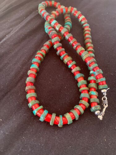 Turquoise & Coral Heishi Bead Navajo Sterling Silver Necklace 21” 04757