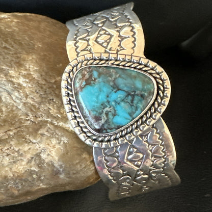 Navajo Blue TURQUOISE Stamped Sterling Silver Cuff Bracelet 8.3" 18716
