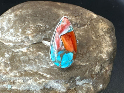 Blue Turquoise Spiny Oyster Southwestern Sterling Silver Ring Size 8 18435