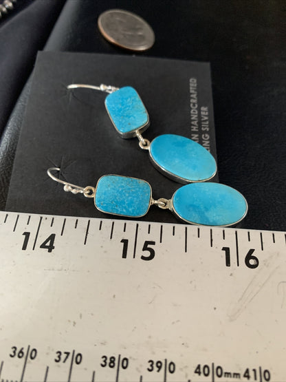 Blue Kingman Turquoise Navajo Sterling Silver Dangle Earrings 14079