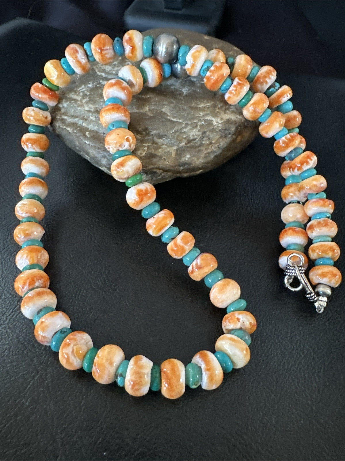 Orange Spiny Oyster Turquoise Navajo Sterling Silver Beads 22” Necklace 19164