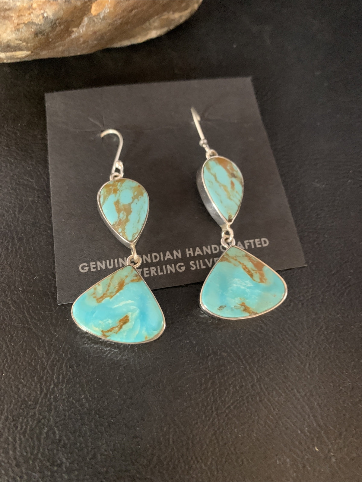 Blue Kingman Turquoise Navajo Sterling Silver Dangle Earrings 1.5" 14077