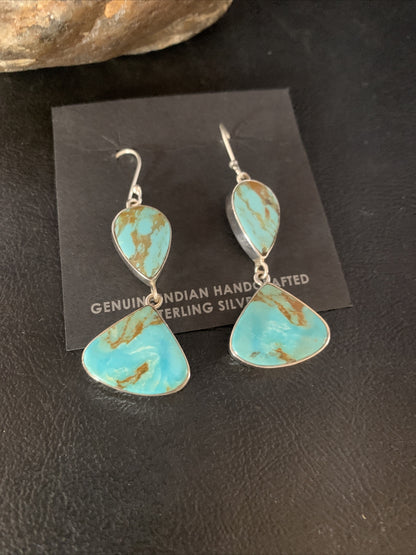 Blue Kingman Turquoise Navajo Sterling Silver Dangle Earrings 1.5" 14077