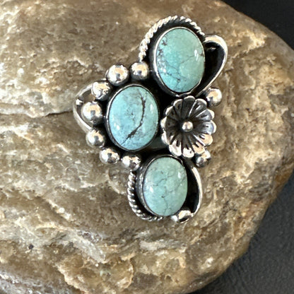 Yazzie Ring Green Turquoise Navajo Sterling Silver Cluster Size 8.5 19235