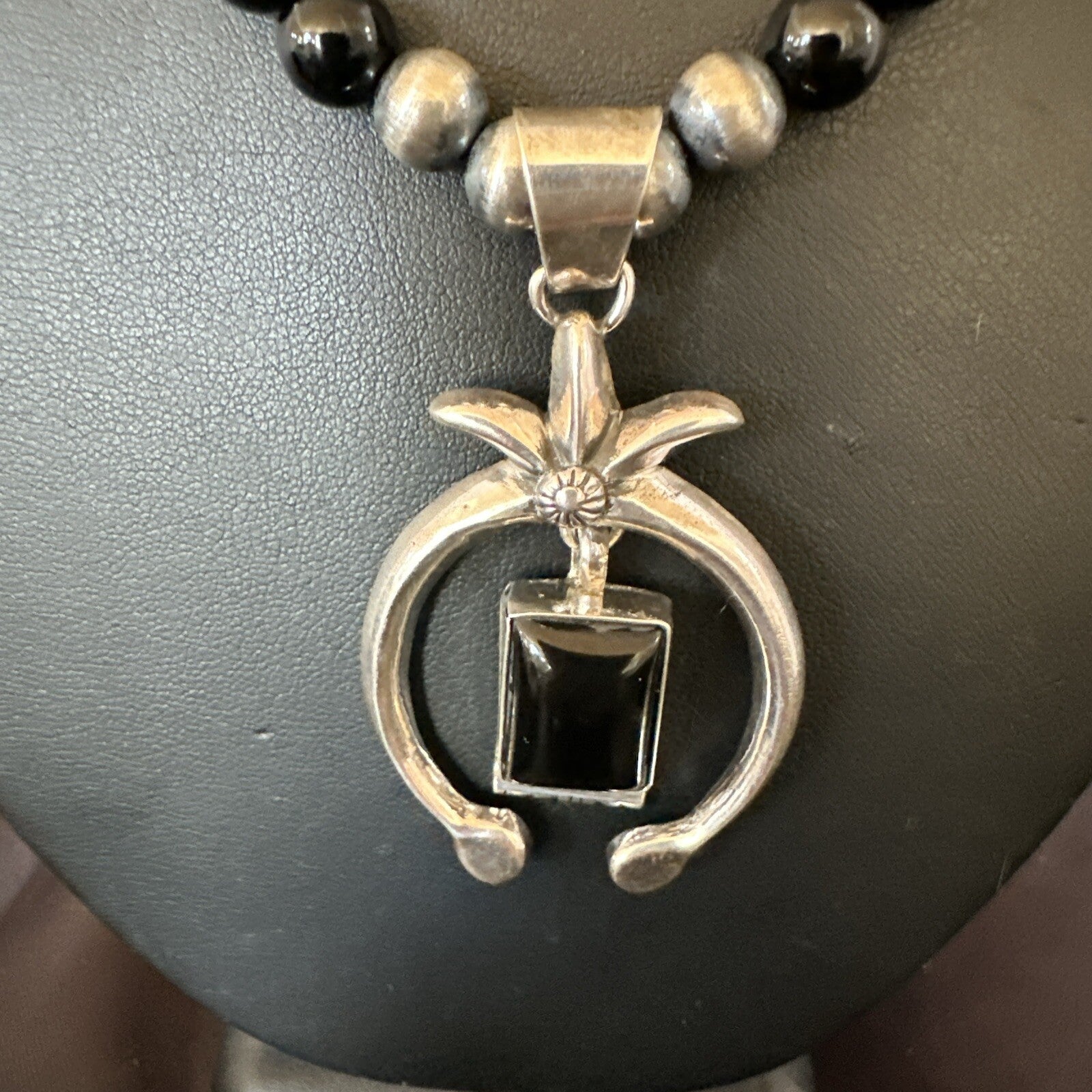 Mens Black Onyx Howlite Naja Pendant Navajo Sterling Silver Necklace 23” 17687