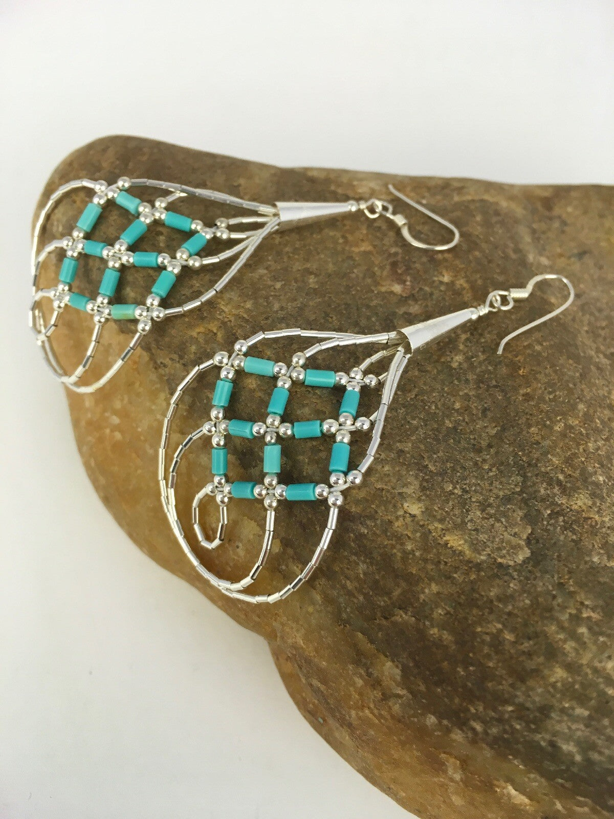 Native Blue Turquoise Heishi Liquid Sterling Silver Dangle Earrings 2" 08878