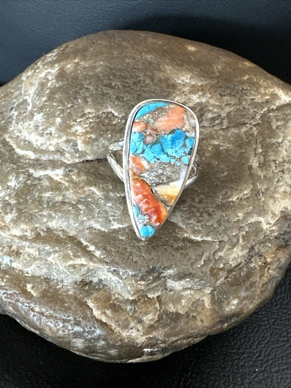 Blue Turquoise Orange Spiny Oyster Navajo Ring Size 6 | Sterling Silver | Authentic Native American Handmade | 18211
