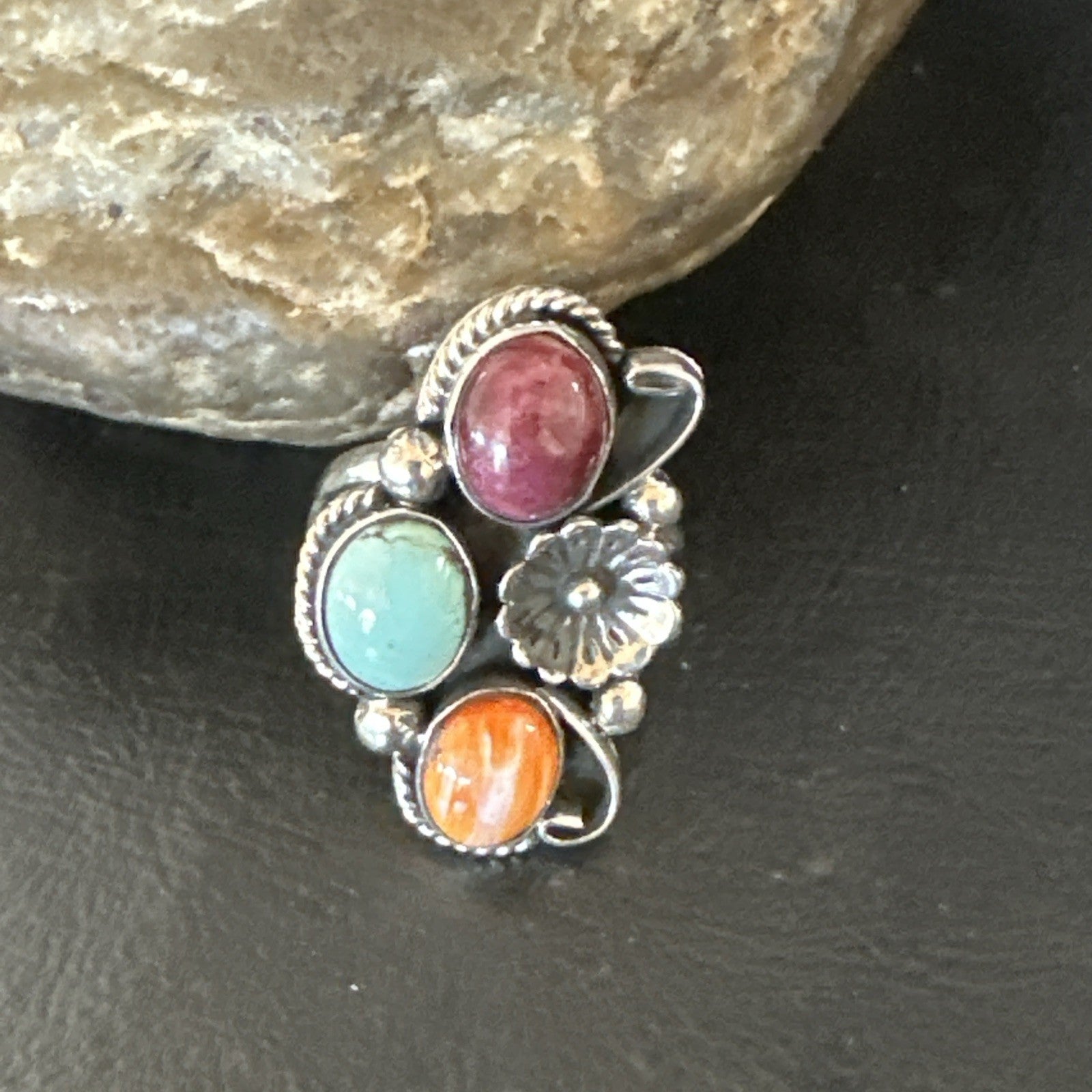Multicolor Ring Turquoise Spiny Navajo Sterling Silver Cluster Size 9 19172