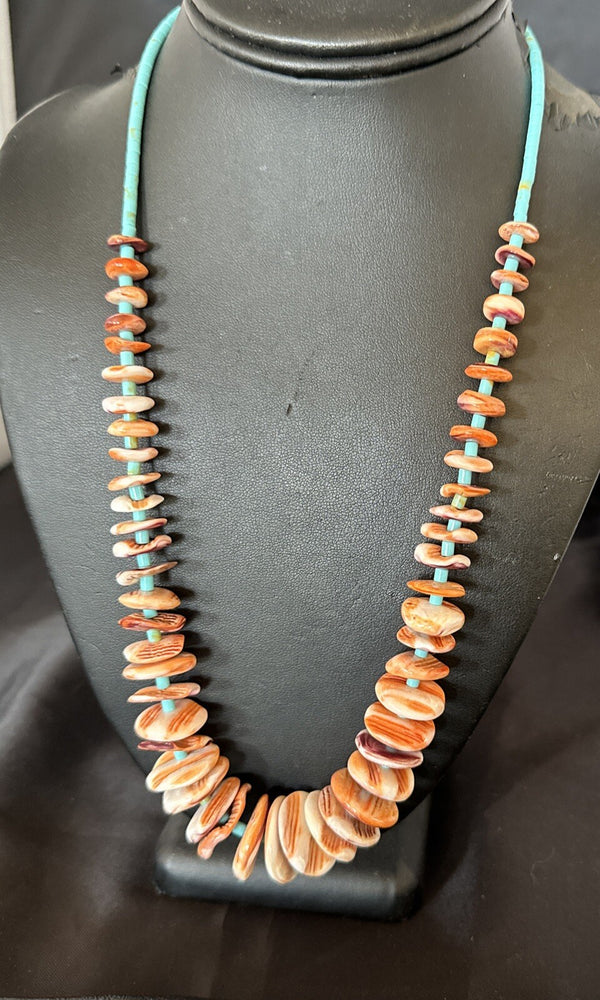 Orange Spiny Oyster Turquoise Navajo Pearls Necklace 25" | Sterling Silver | Authentic Native American Handmade | 18066