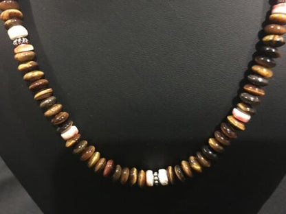 Mens Tiger Eye & Spiny Oyster Navajo Pearls Sterling Silver Necklace 19” 03340