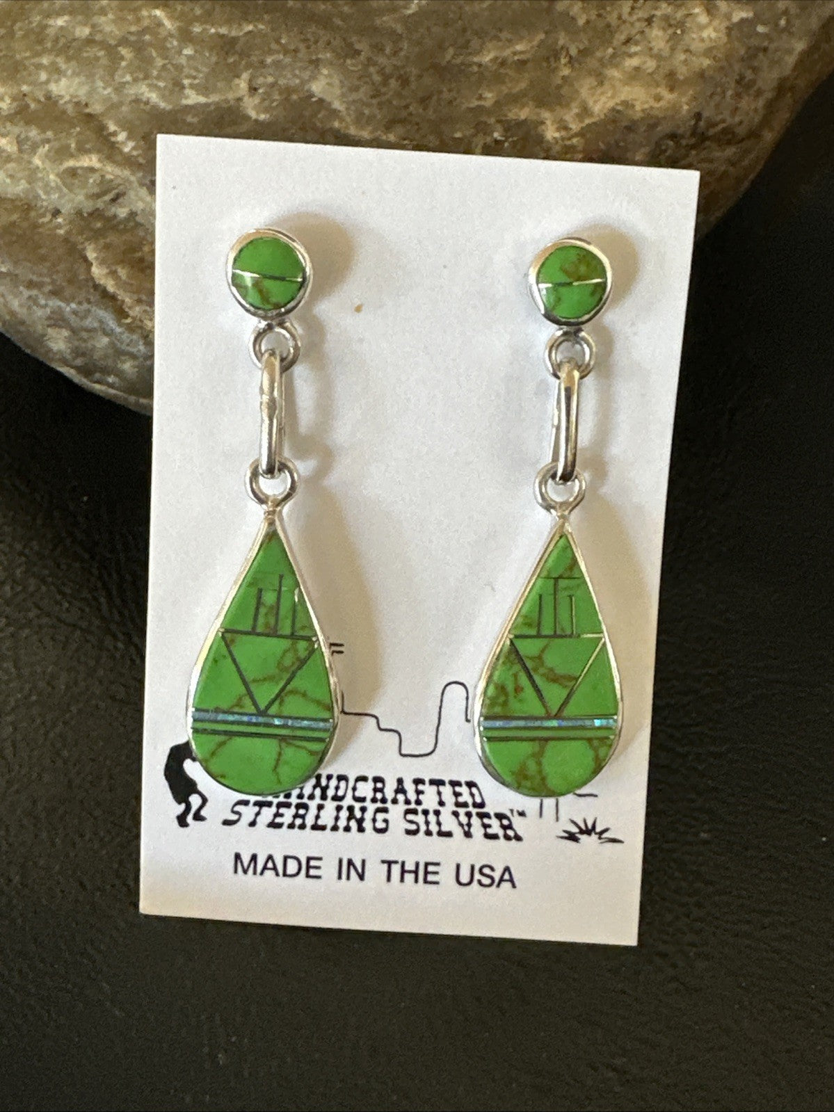 Green Gaspeite Southwestern Sterling Silver Inlay Earrings 1.5" 19154