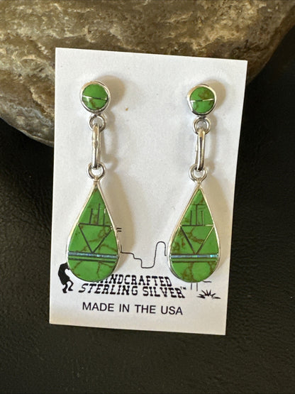 Green Gaspeite Southwestern Sterling Silver Inlay Earrings 1.5" 19154
