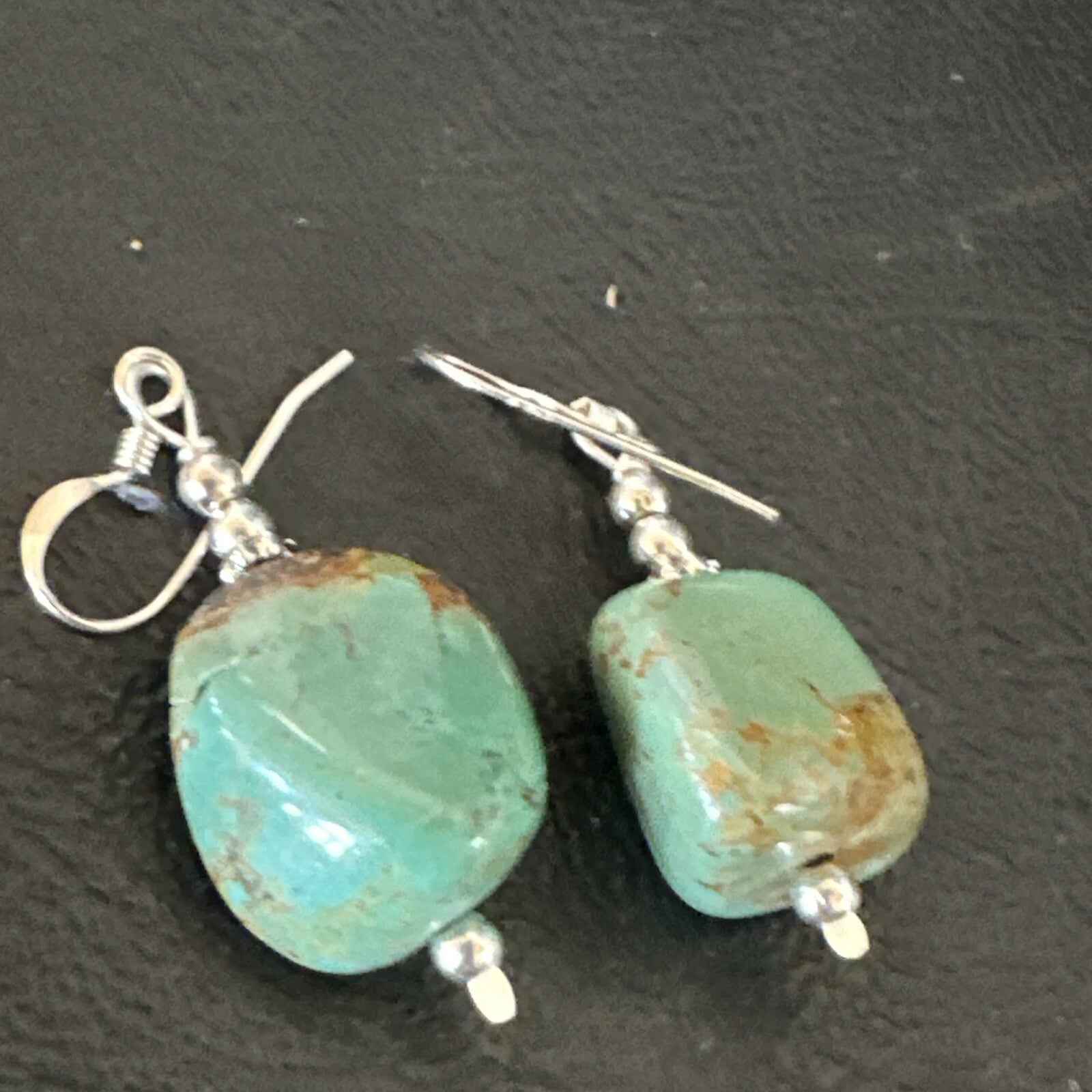 Green Turquoise Nugget Sterling Silver Beads Navajo Earrings 1" 17868