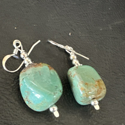 Green Turquoise Nugget Sterling Silver Beads Navajo Earrings 1" 17868