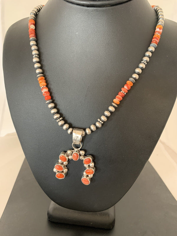 Red Spiny Oyster Naja Pendant Navajo Pearls Necklace | Sterling Silver | Authentic Native American Handmade | 00284