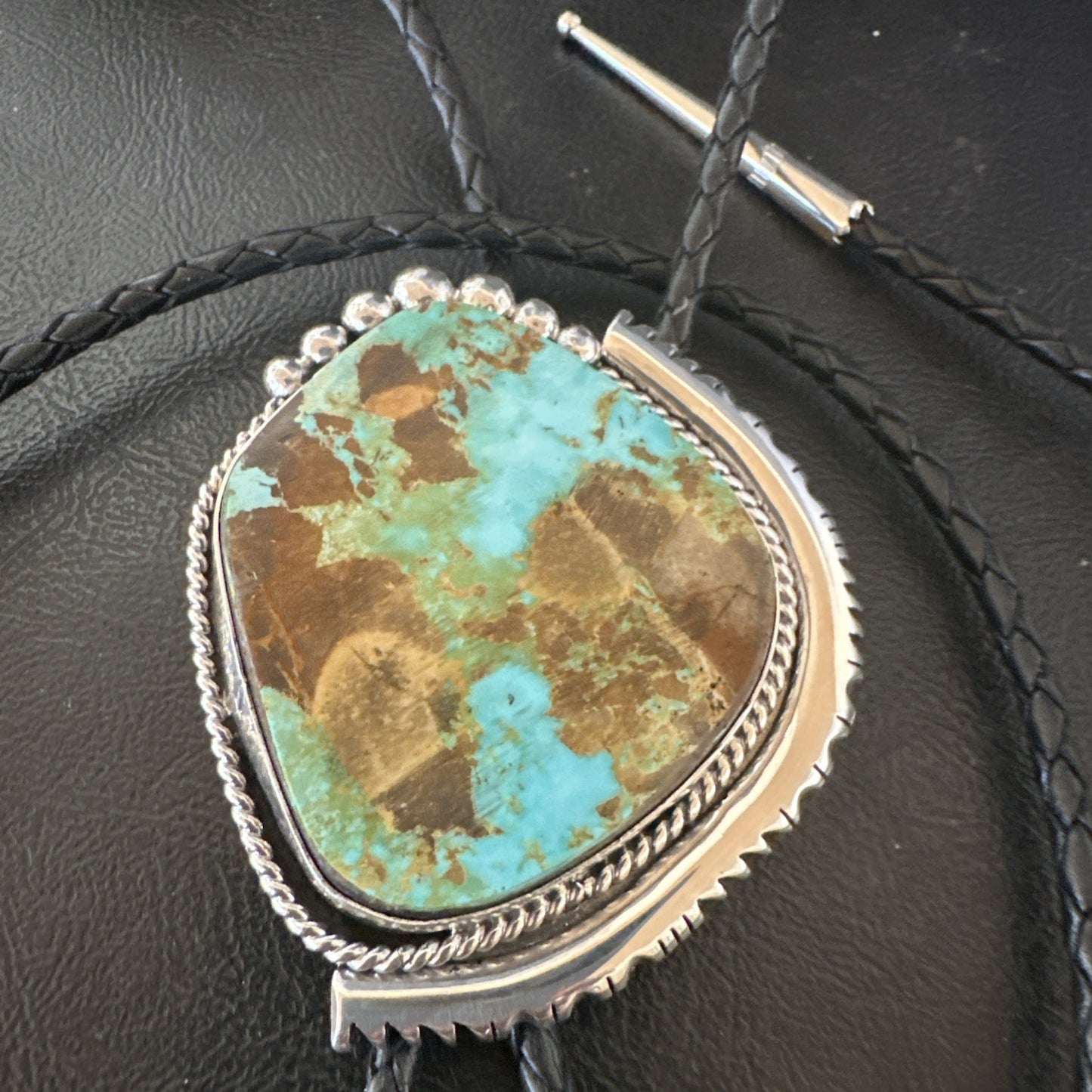Native Mens Blue Green Royston Turquoise Bolo Tie Sterling Silver Navajo 19752