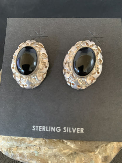 Native American Womens Nugget Sterling Silver Black Onyx Earrings 1" 13047